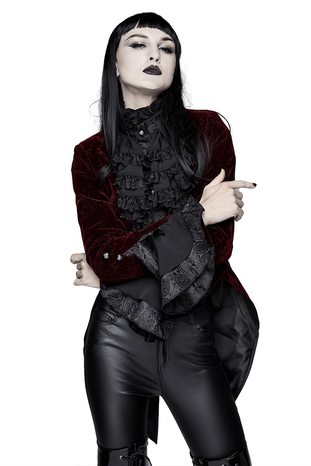 Elegant woman in wine red gothic puff sleeved jacket with ruffles and black accents, showcasing vintage style.