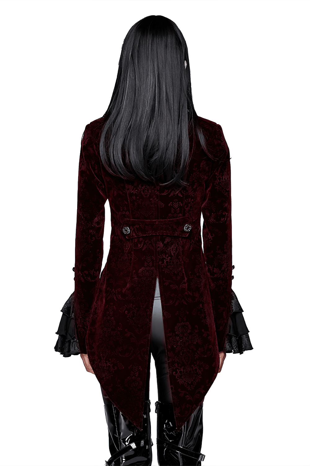 Back view of a women's wine red velvet gothic jacket with puffed sleeves and intricate design details.