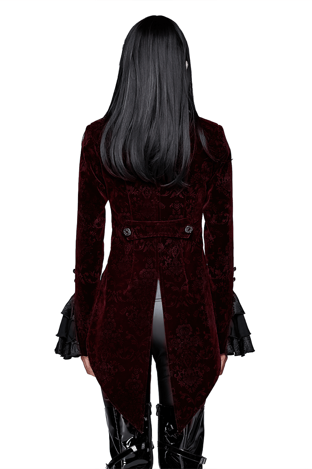 Back view of women's wine red puff-sleeved gothic jacket with elegant velvet fabric and dramatic sleeves.