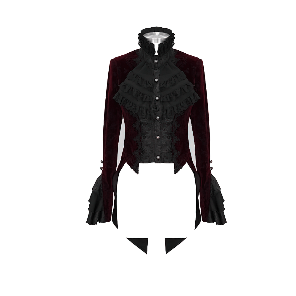 Alternative women's wine red puff sleeved jacket in gothic style made of luxurious velvet with ruffled details.