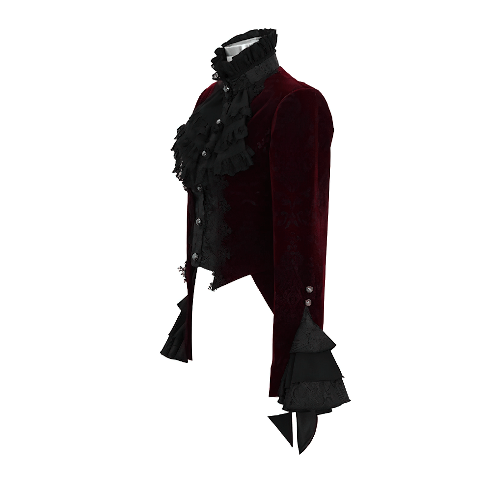 Elegant wine red velvet women's puff sleeved jacket in gothic style with ruffles and vintage cut.