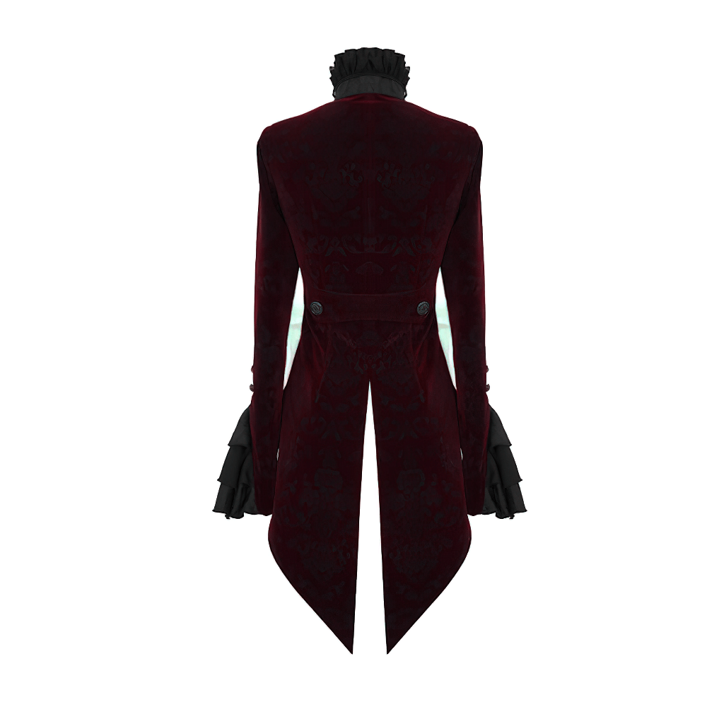 Wine red gothic women's puff-sleeved jacket, elegant velvet design showcasing a vintage cut and stylish detailing.
