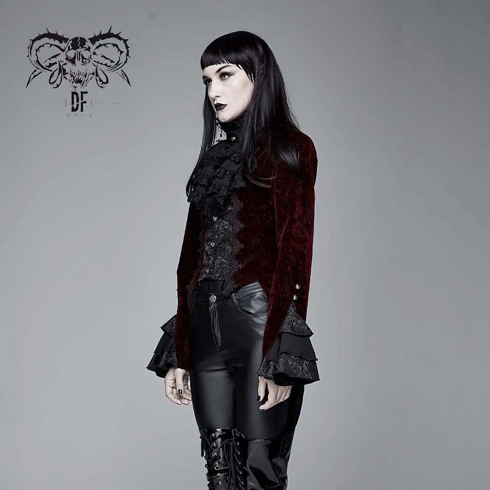 Alternative women's wine red velvet puff sleeved jacket in gothic style with elegant details.