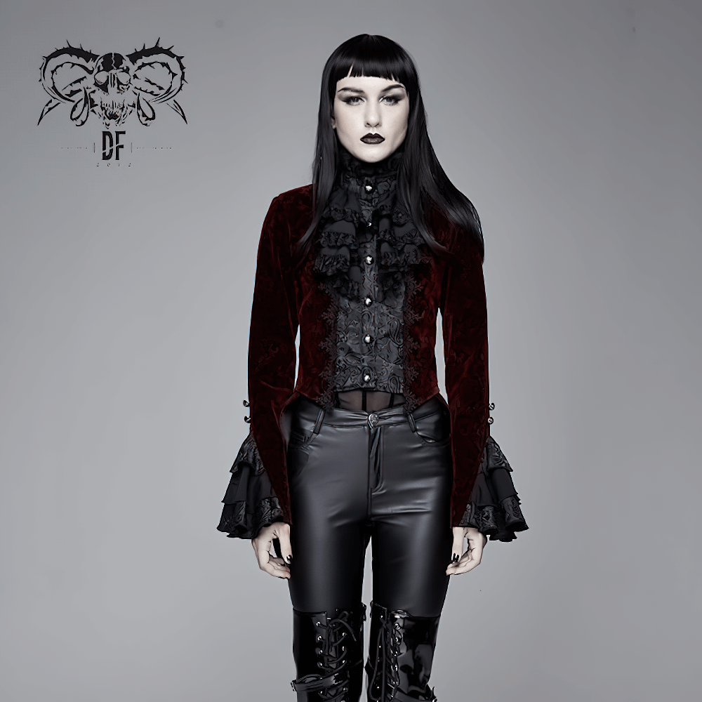 Alternative women’s wine red puff sleeve jacket with gothic design and vintage cut, perfect for a gothic wardrobe.