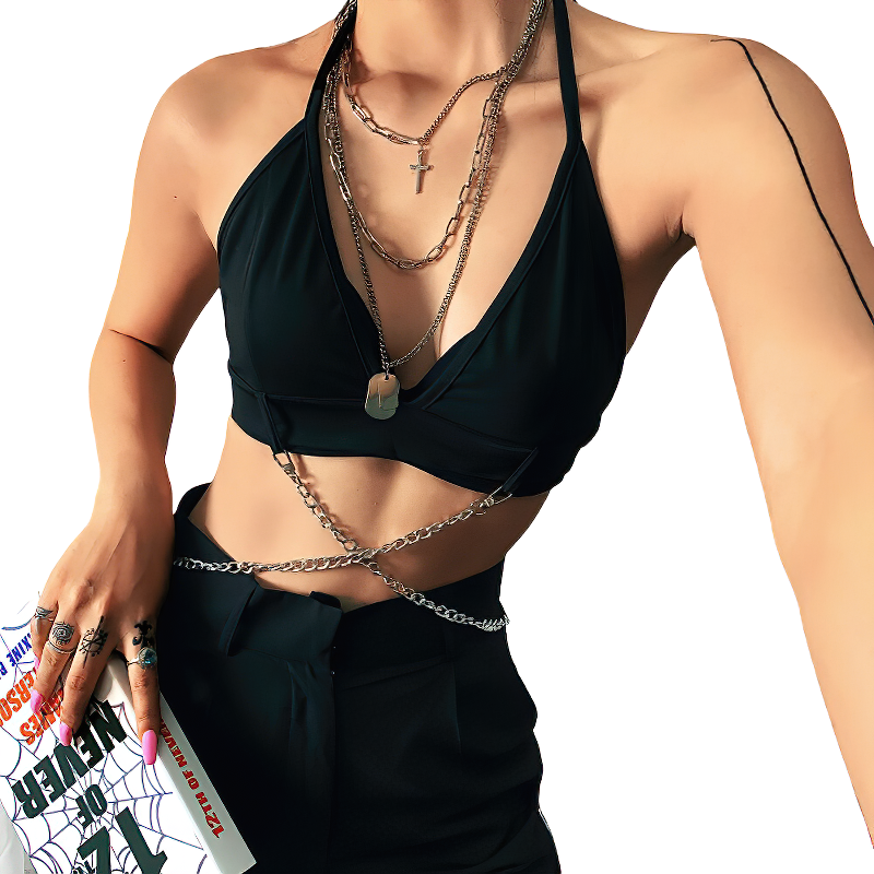 Stylish black women's top with metal chain, perfect for sexy streetwear looks.
