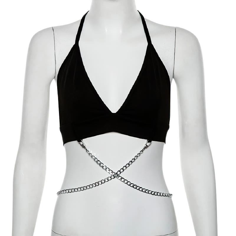 Alternative black women's top with metal chain, perfect for streetwear style and chic outfits.