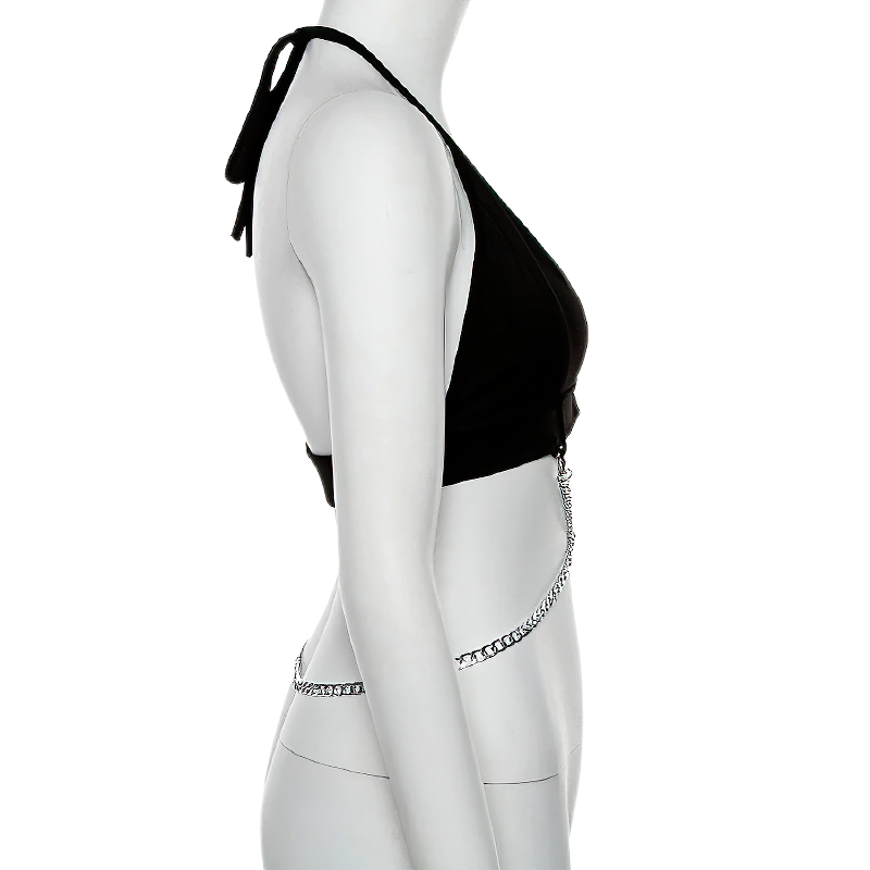 Stylish black women's top with metal chain feature, perfect for alternative streetwear fashion.
