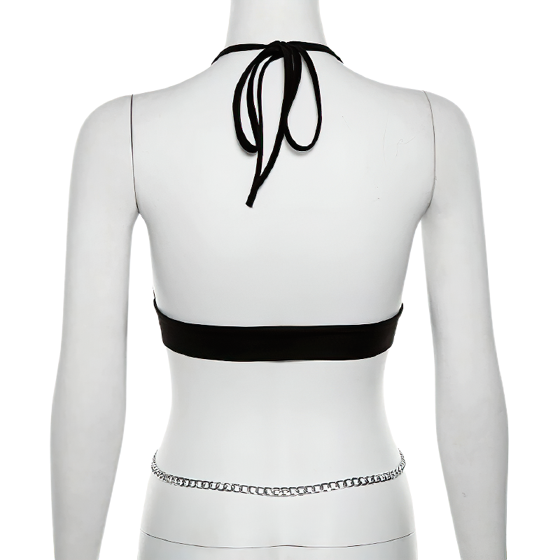 Back view of a sexy black women's top featuring a ribbon tie and metal chain accent, perfect for alternative streetwear style.