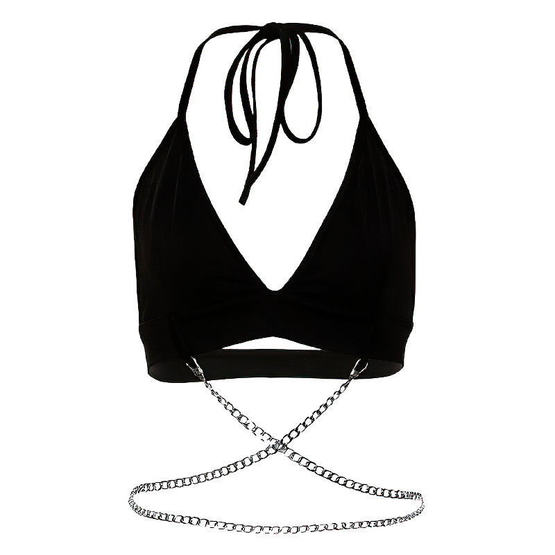 Alternative women's black top with metal chain detailing for stylish streetwear.