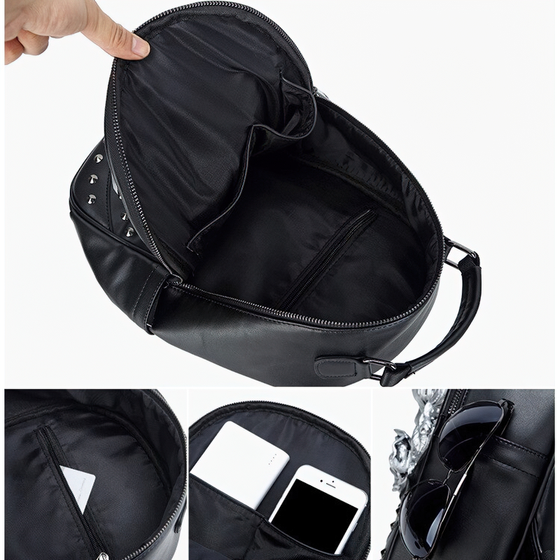 Interior of a stylish black backpack showing spacious compartments for organization.
