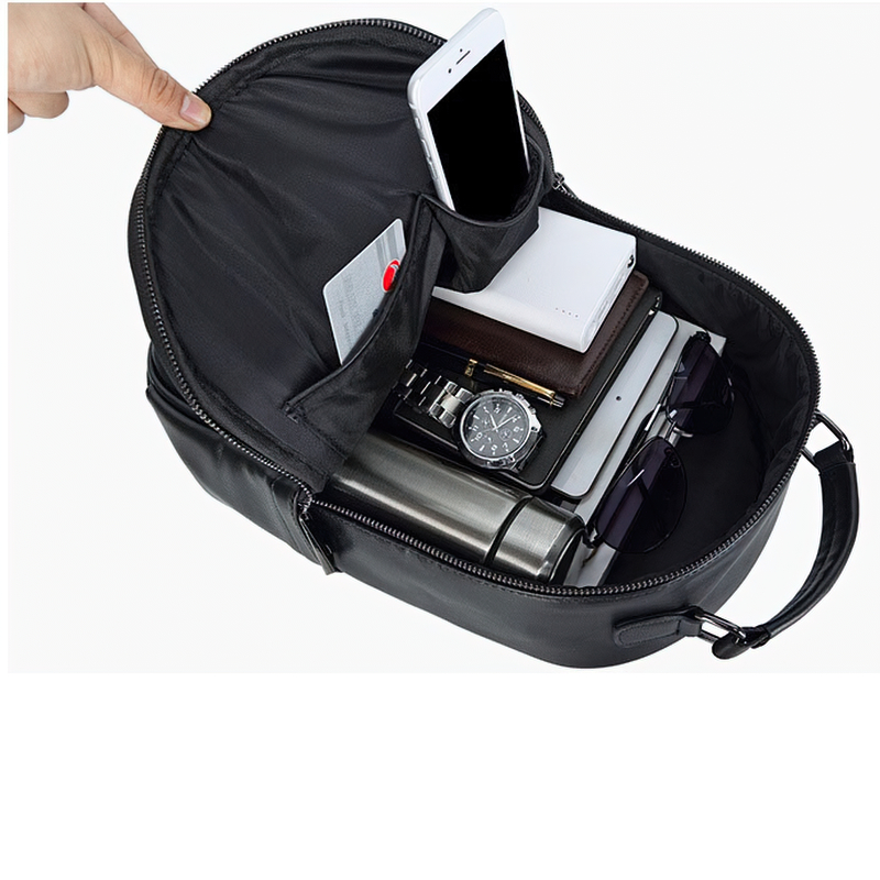 Unisex alternative fashion backpack interior showcasing phone pocket and organized storage for travel essentials.