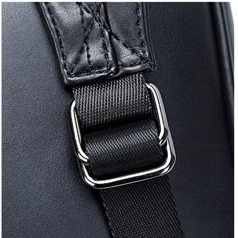 Close-up of a sturdy backpack strap and buckle, showcasing high-quality materials for durability and comfort.