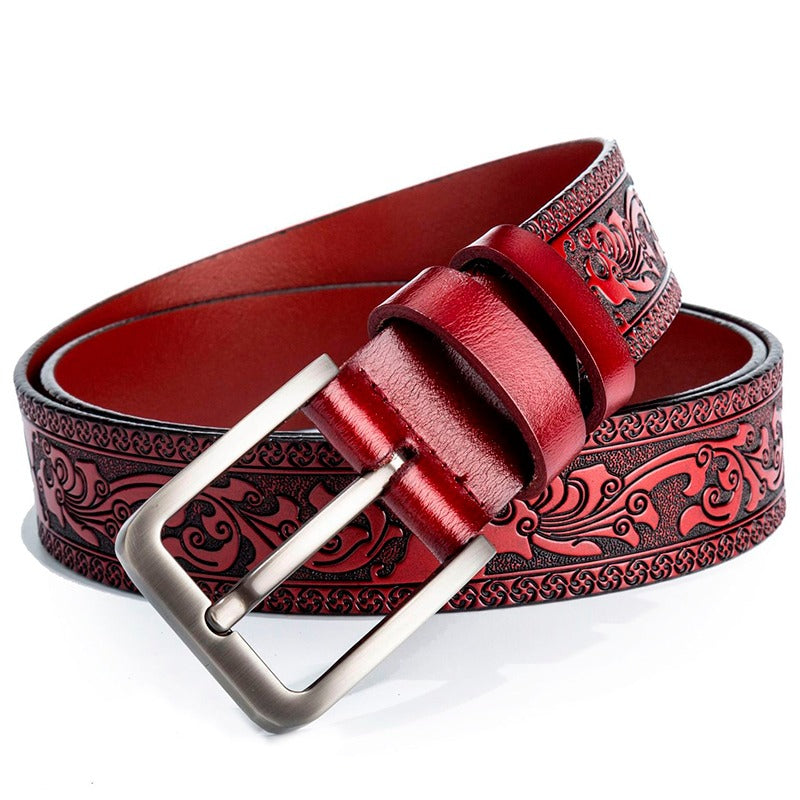 Genuine leather vintage Gothic design belt for men with embossed decor and metal buckle.