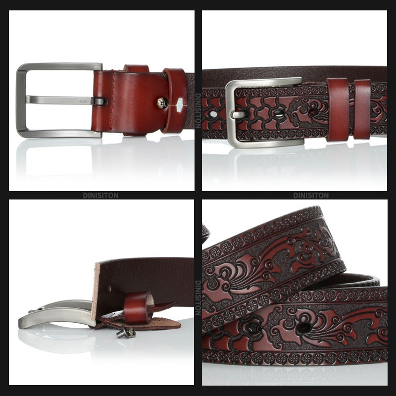 Genuine leather vintage Gothic design belt with embossed decor and metal buckle, perfect for men's formal or casual attire.