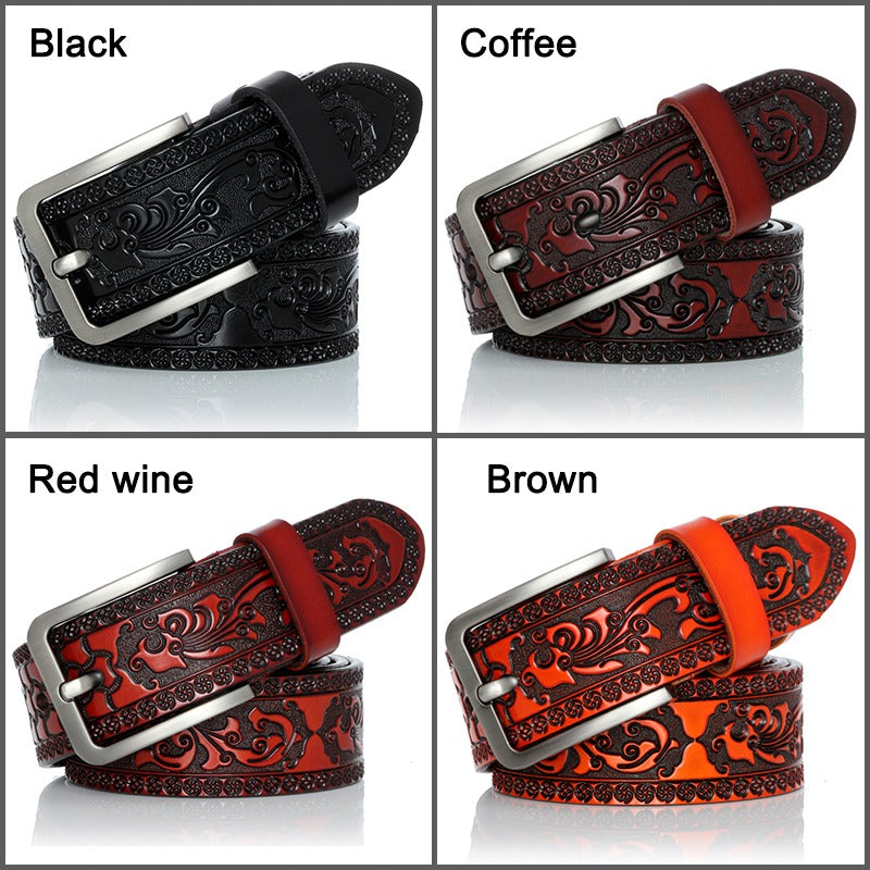 Four genuine leather belts: black, coffee, red wine, and brown with vintage gothic design and metal buckles.