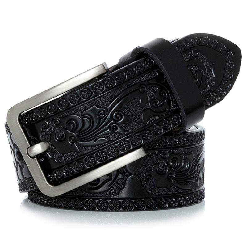 Genuine leather vintage gothic belt for men with embossed design and metal buckle, perfect for casual or formal wear.