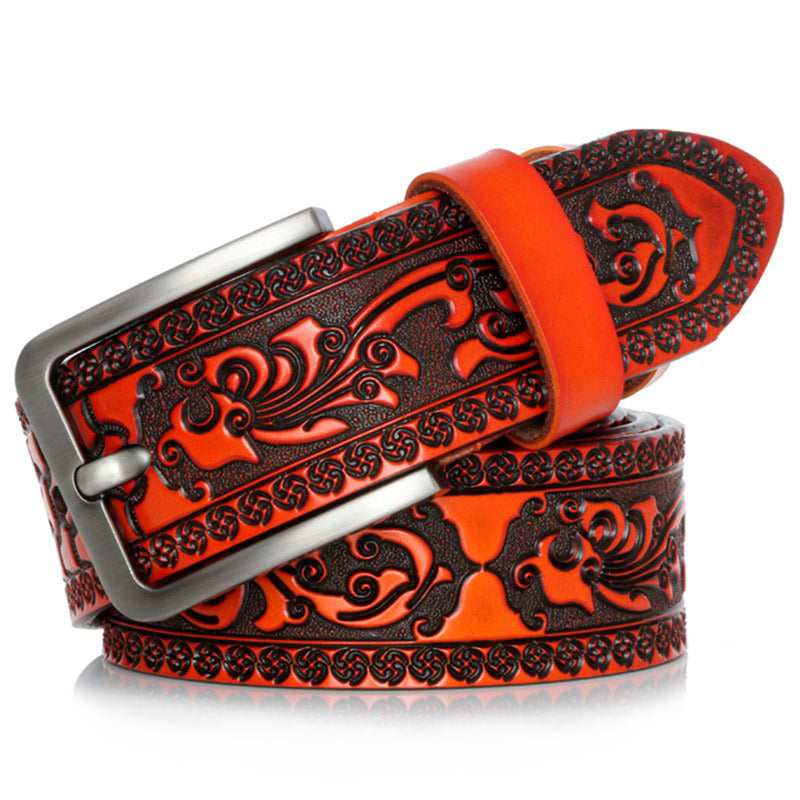 Vintage Gothic design genuine leather belt in orange with decorative embossed pattern and metal buckle.