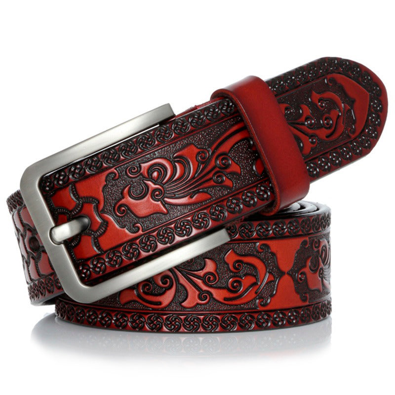 Amazing vintage gothic design genuine leather belt for men with ornate pattern and metal buckle.
