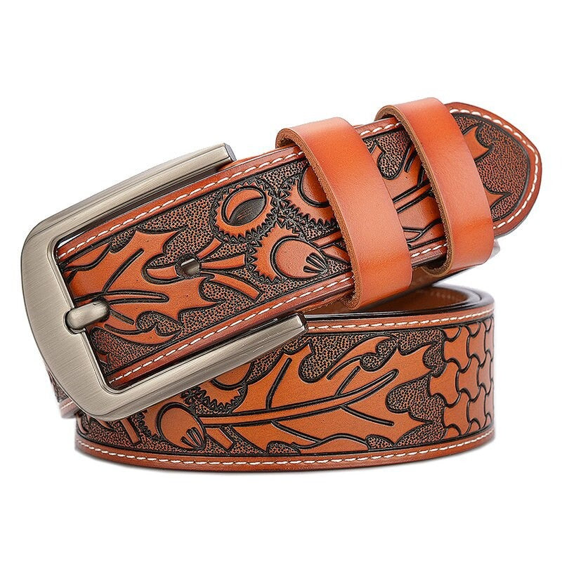 Vintage gothic genuine leather belt with intricate embossed design and metal buckle for men.