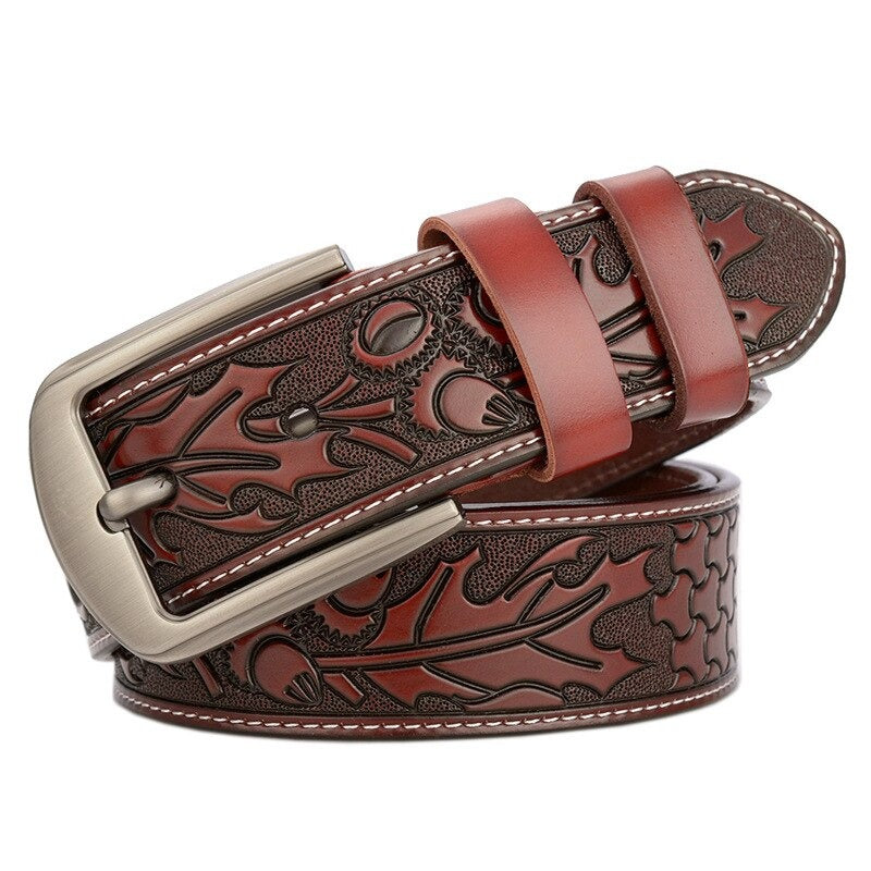Amazing vintage gothic leather belt for men with embossed floral design and metal buckle, perfect for any stylish outfit.