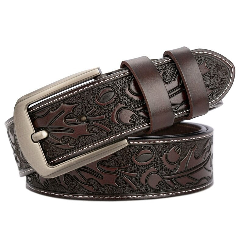 Vintage gothic design genuine leather belt with embossed decor and stylish metal buckle for men.