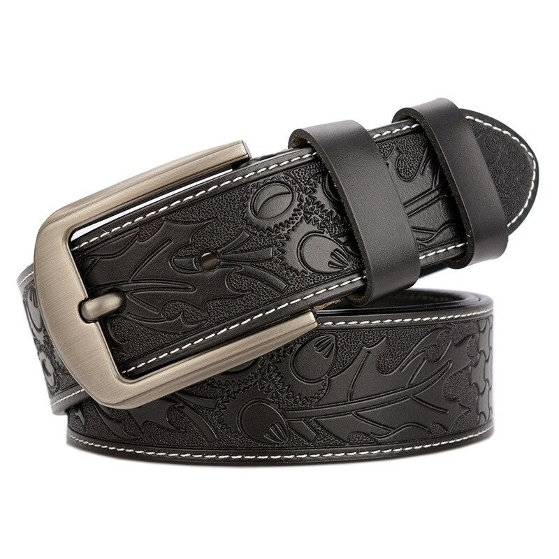 Genuine leather men's belt with vintage gothic design and metal buckle, perfect for formal or casual outfits.
