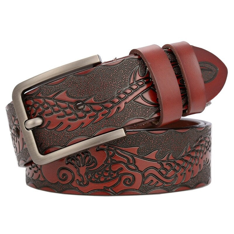 Vintage Gothic design genuine leather belt with metal buckle and embossed dragon pattern.