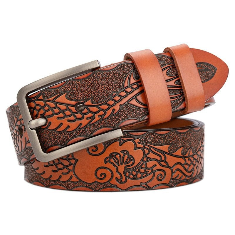 Genuine leather vintage gothic design belt for men with intricate embossed decor and metal buckle.