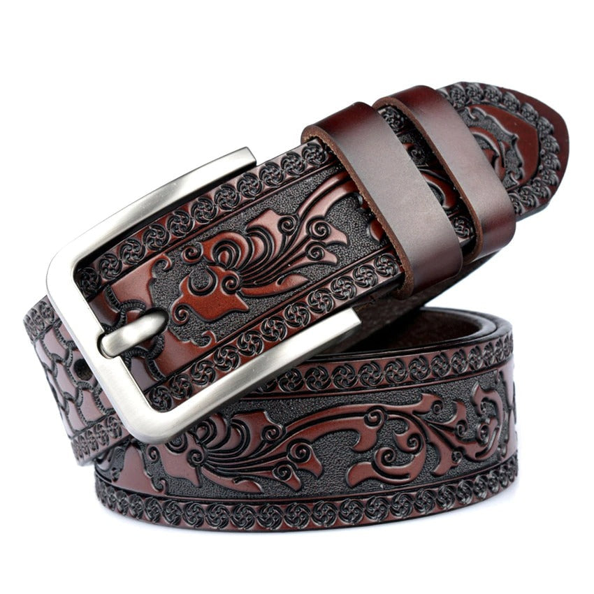 Stylish vintage gothic genuine leather belt for men with intricate embossed decor and metal buckle.
