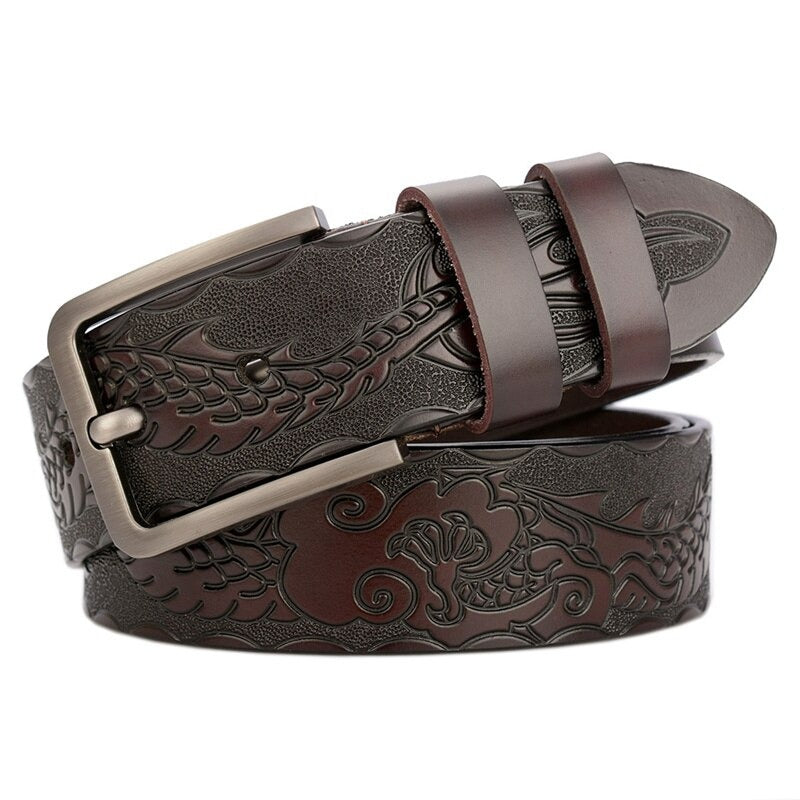 Luxurious vintage gothic leather belt for men with embossed design and metal buckle.
