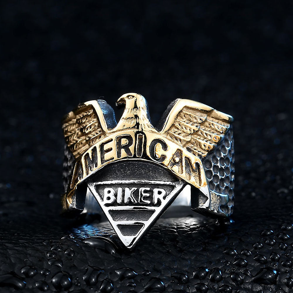 American Biker Eagle Ring with detailed eagle design in stainless steel, perfect for rock fashion lovers.
