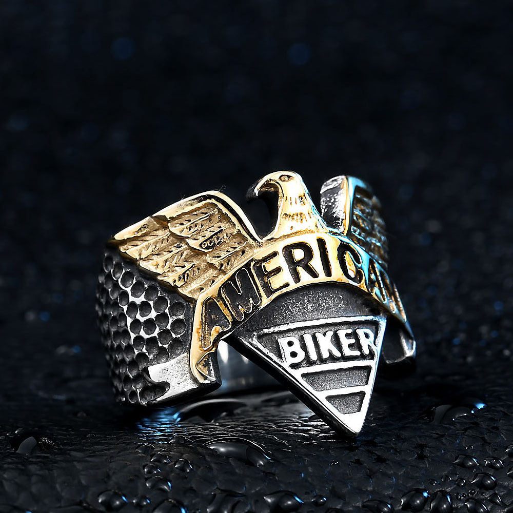 American Biker Eagle Ring in stainless steel, featuring a bold eagle design and biker-inspired details for rock fashion lovers.