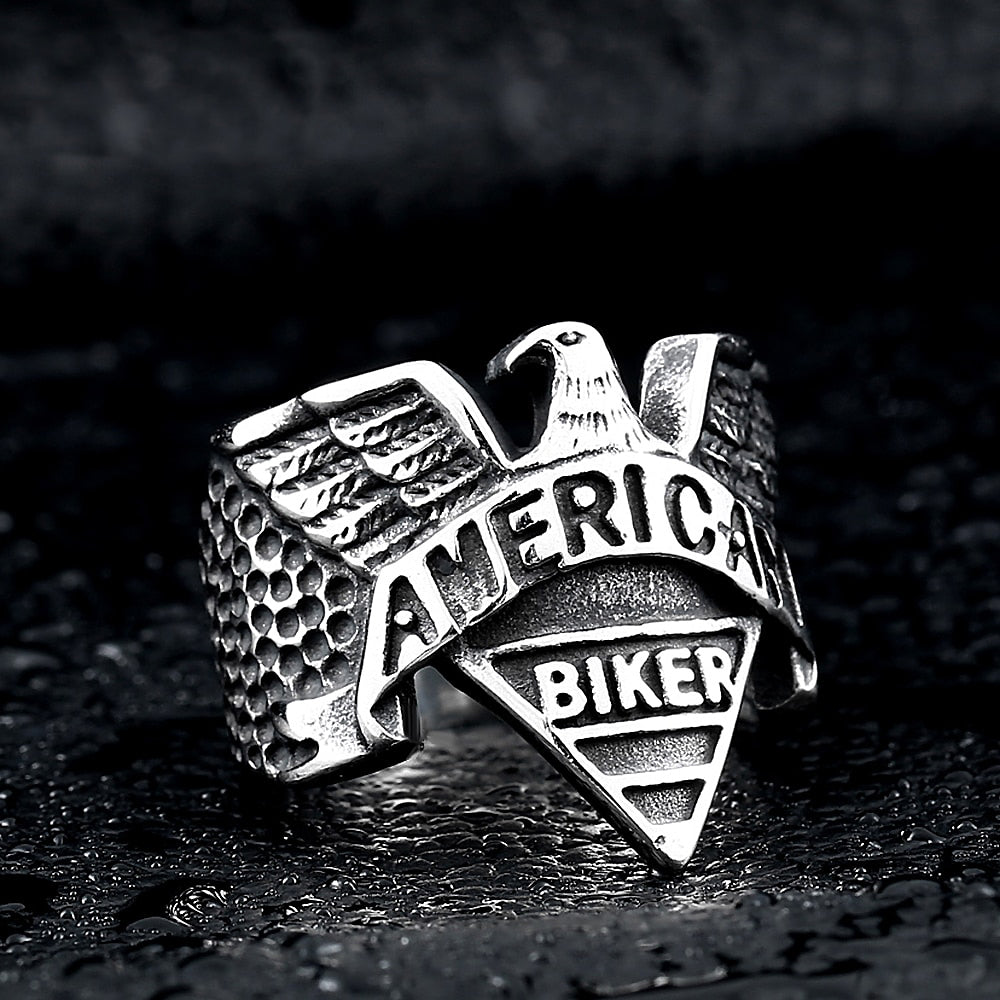 Stainless steel American Biker eagle ring, featuring intricate designs and a bold statement for motorcycle enthusiasts.