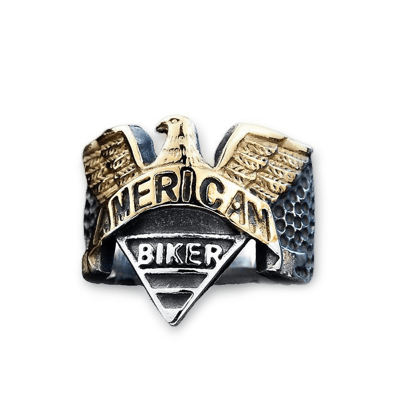American biker eagle ring in stainless steel featuring intricate eagle design and bold lettering, a stylish accessory for bikers.