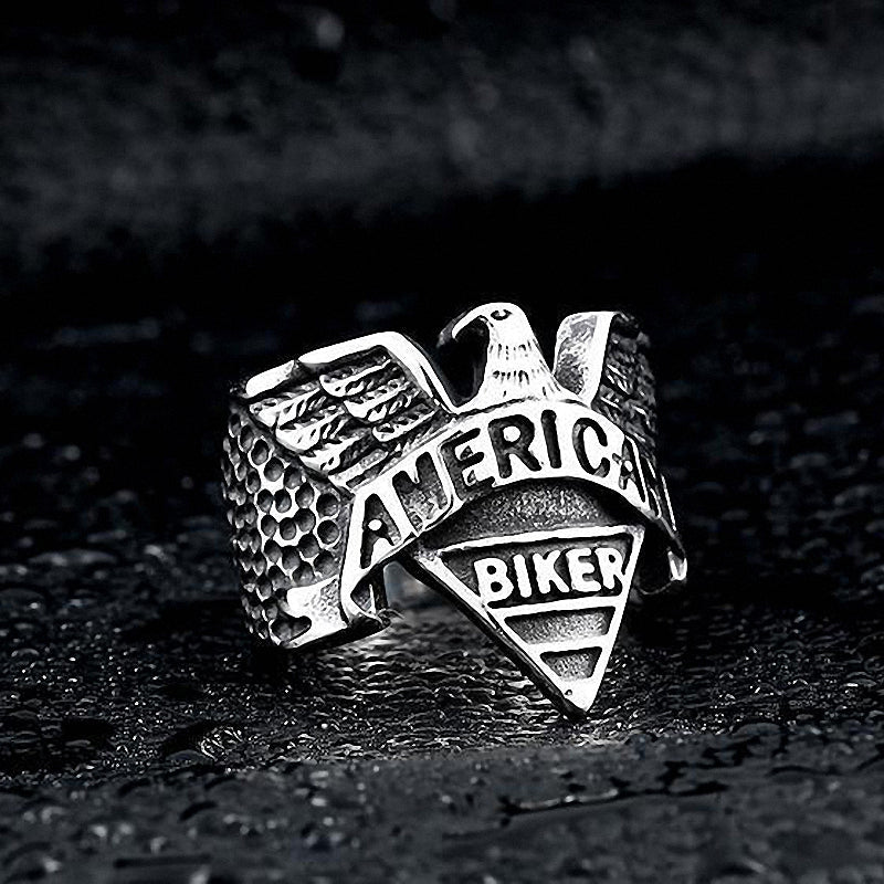 American Biker Eagle Ring in stainless steel, showcasing bold eagle design and biker spirit for rock fashion enthusiasts.