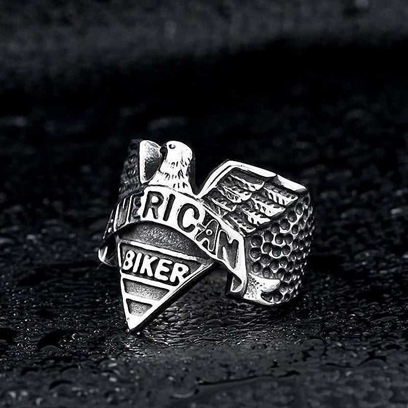 American Biker Eagle Ring in stainless steel, featuring eagle design and bold lettering for rock fashion lovers.