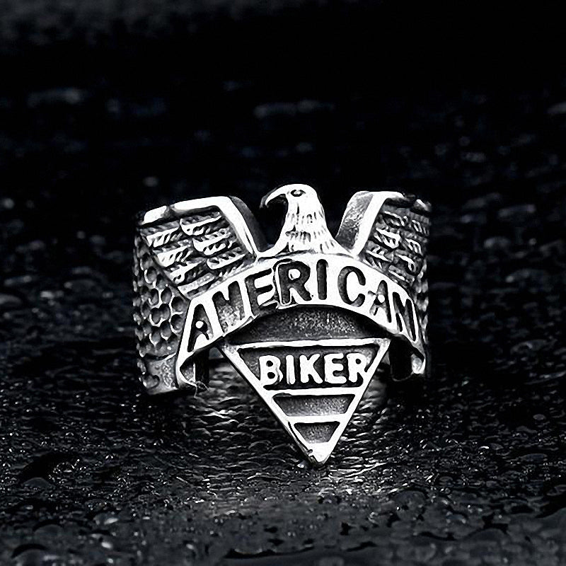 American Biker Eagle Ring in stainless steel, featuring a detailed eagle design, perfect for biker fashion accessories.