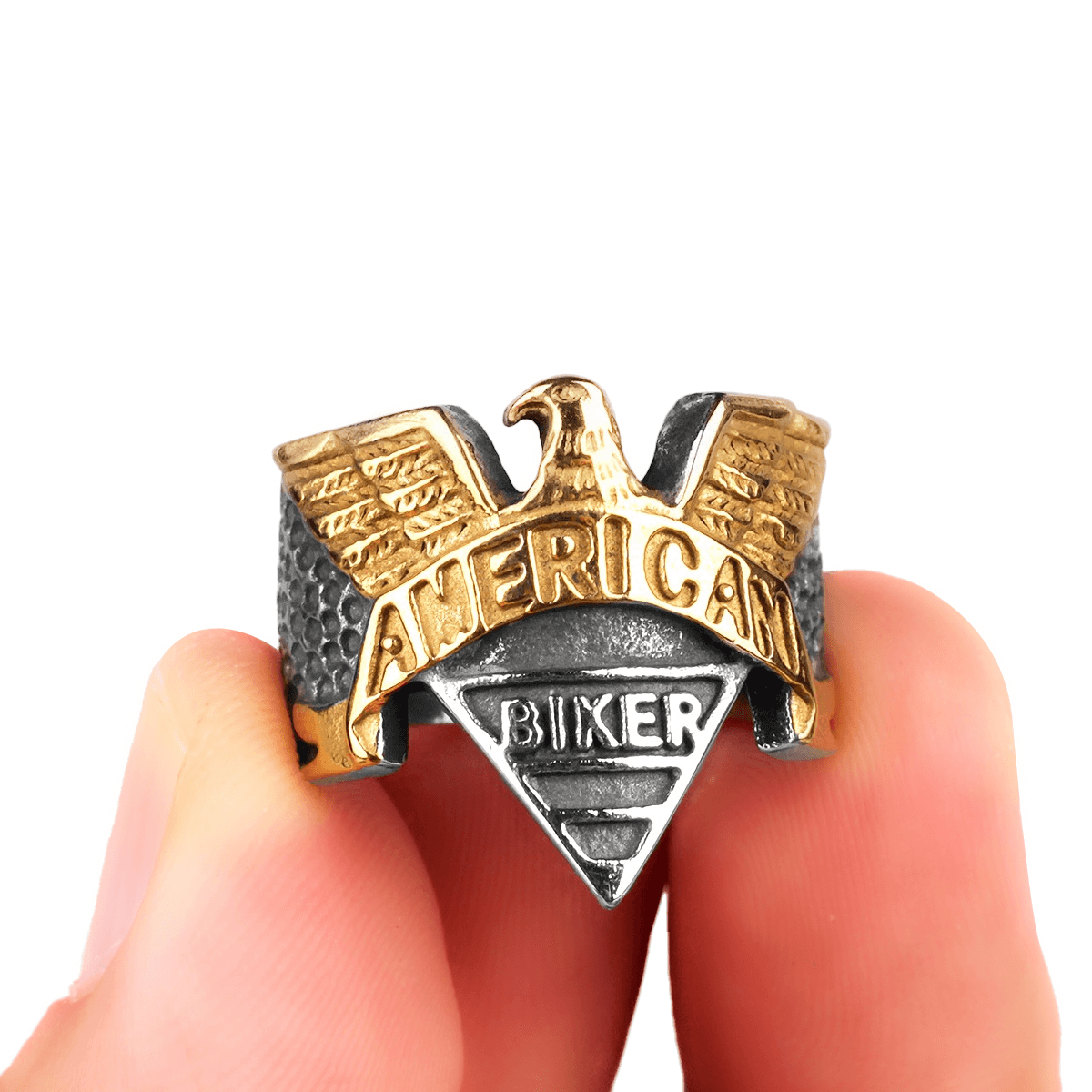 American Biker Eagle Ring in stainless steel with embossed eagle design, a bold accessory for biker enthusiasts.
