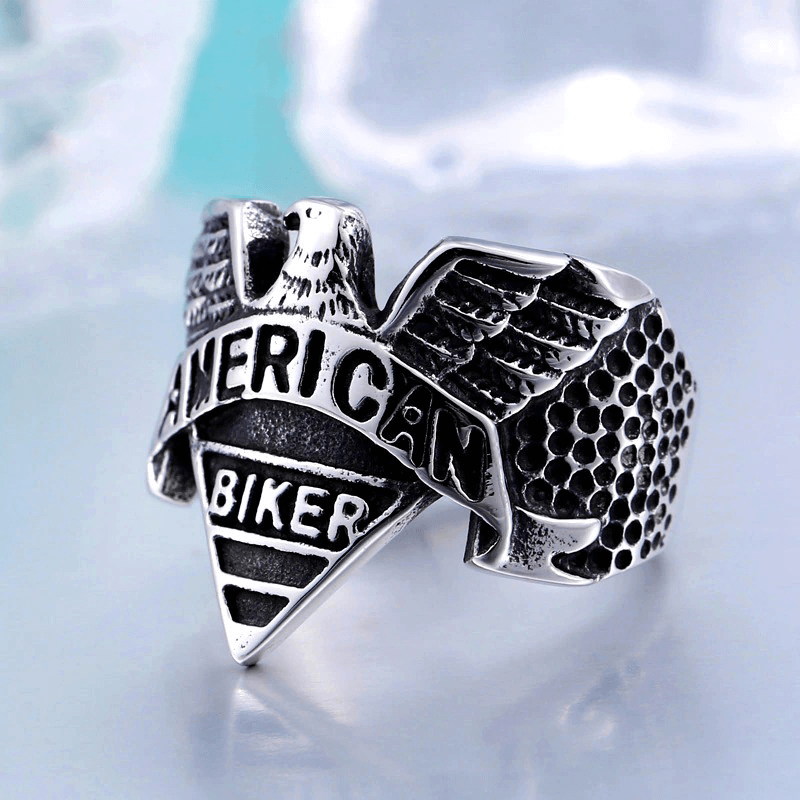 American Biker Eagle Ring in stainless steel, showcasing detailed eagle design and biker theme for fashion lovers.