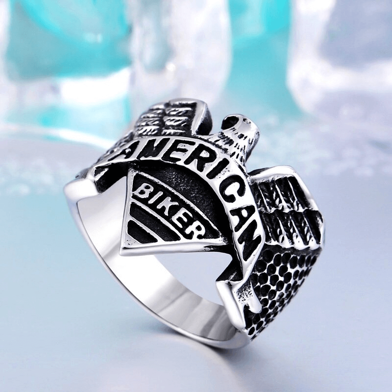 American Biker Eagle Ring in stainless steel, detailed design for rock fashion lovers and biker accessories.