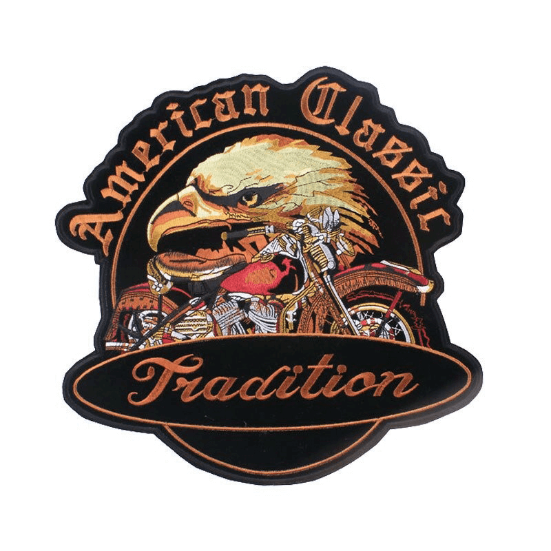 American Classic Tradition iron-on patch featuring an eagle and motorcycle design for unisex biker jackets.