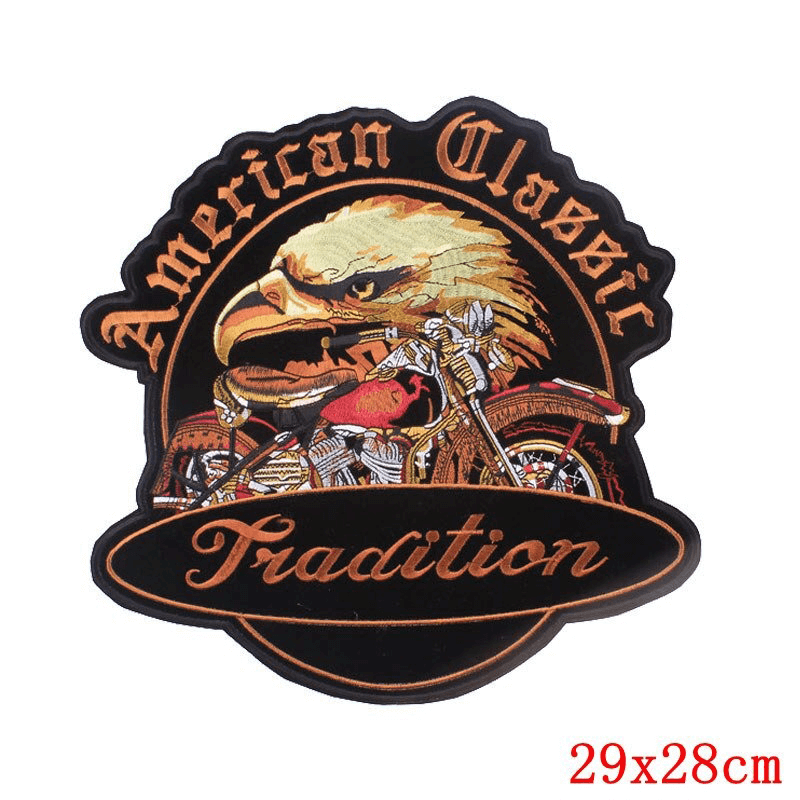 Large American Classic Tradition iron-on patch featuring an eagle and biker design for jackets and clothing.