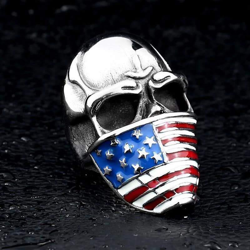 American Flag Mask Ring / Stainless Steel Skull Biker Jewelry - HARD'N'HEAVY