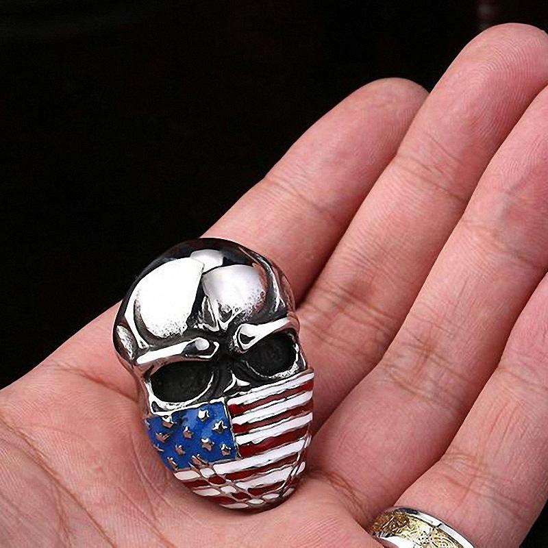 American Flag Mask Ring / Stainless Steel Skull Biker Jewelry - HARD'N'HEAVY