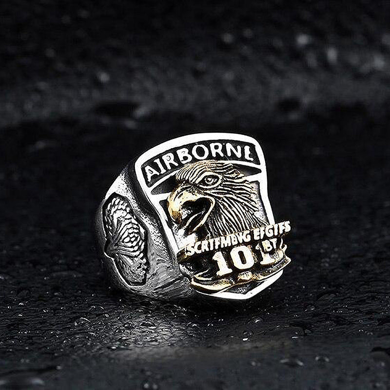 Airborne Screaming Eagle Stainless Steel Ring for rock style jewelry enthusiasts, featuring a bold eagle design.