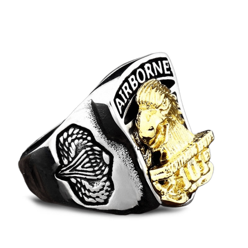 American Airborne Screaming Eagle stainless steel ring showcasing rock style with a bold eagle design.