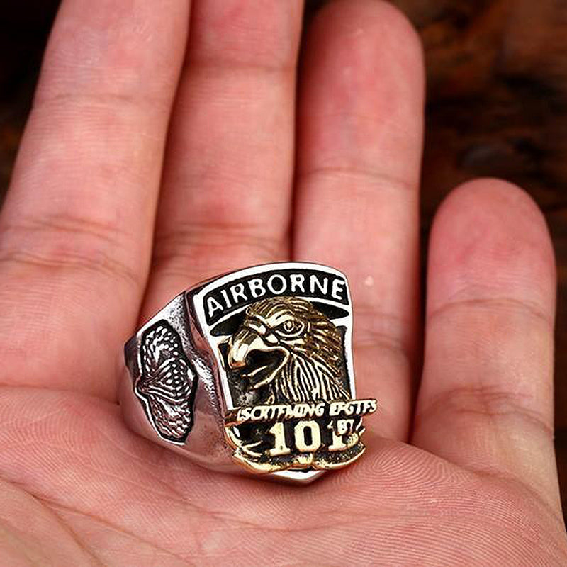 Stainless steel American Eagle ring featuring 'Airborne' and a striking eagle design, perfect for rock style jewelry.