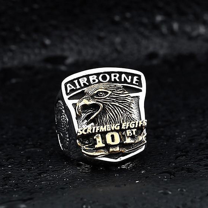 Airborne Screaming Eagle stainless steel ring, rock style jewelry for cool party vibes.
