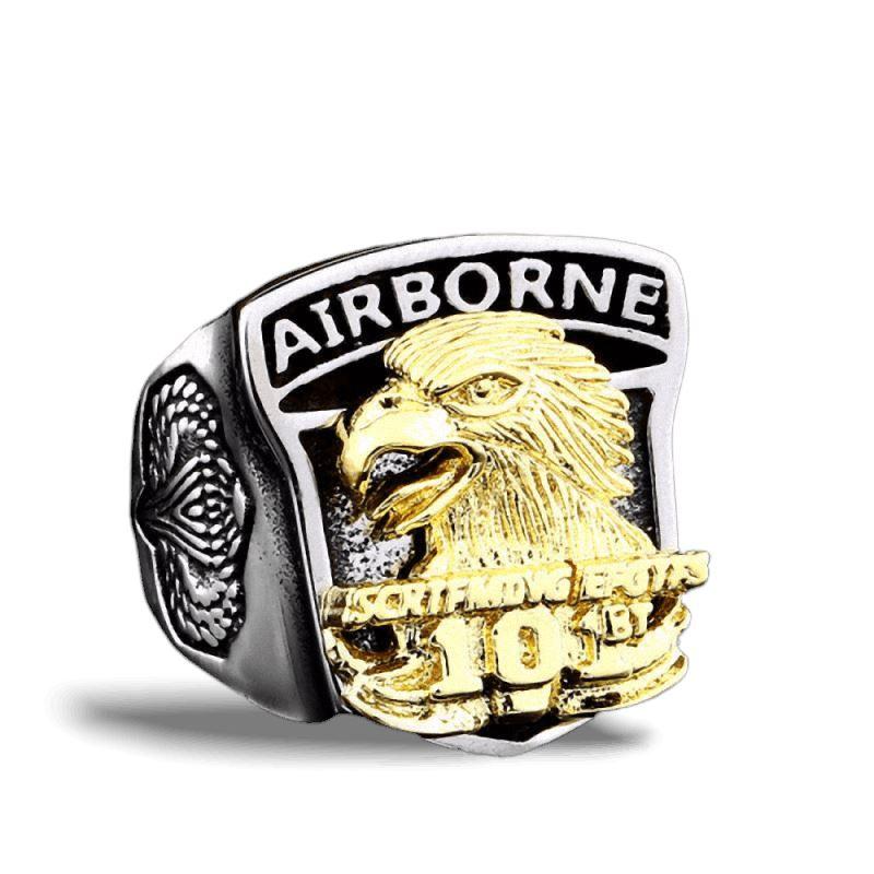 Stylish American Eagle stainless steel ring with 'Airborne' emblem, perfect for rock party accessories.