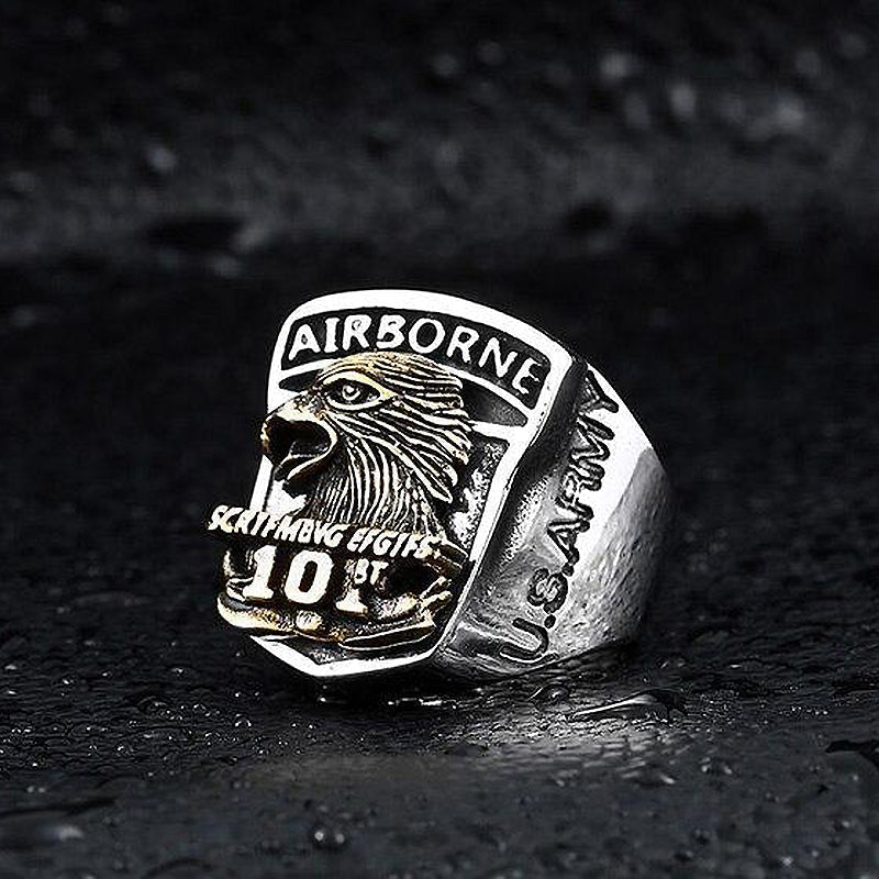 American Eagle Screaming Eagle stainless steel ring with 'Airborne' engraving, perfect for rock style jewelry enthusiasts.